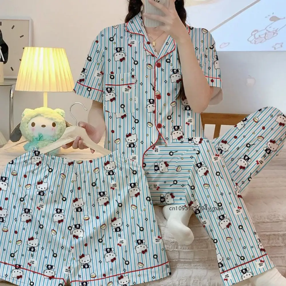 

3 шт., пижамы Hello Kitty Cinnamoroll, женские летние пижамы в стиле аниме Kawaii, повседневные домашние брюки с короткими рукавами, комплект домашней одежды, студенческая пижама