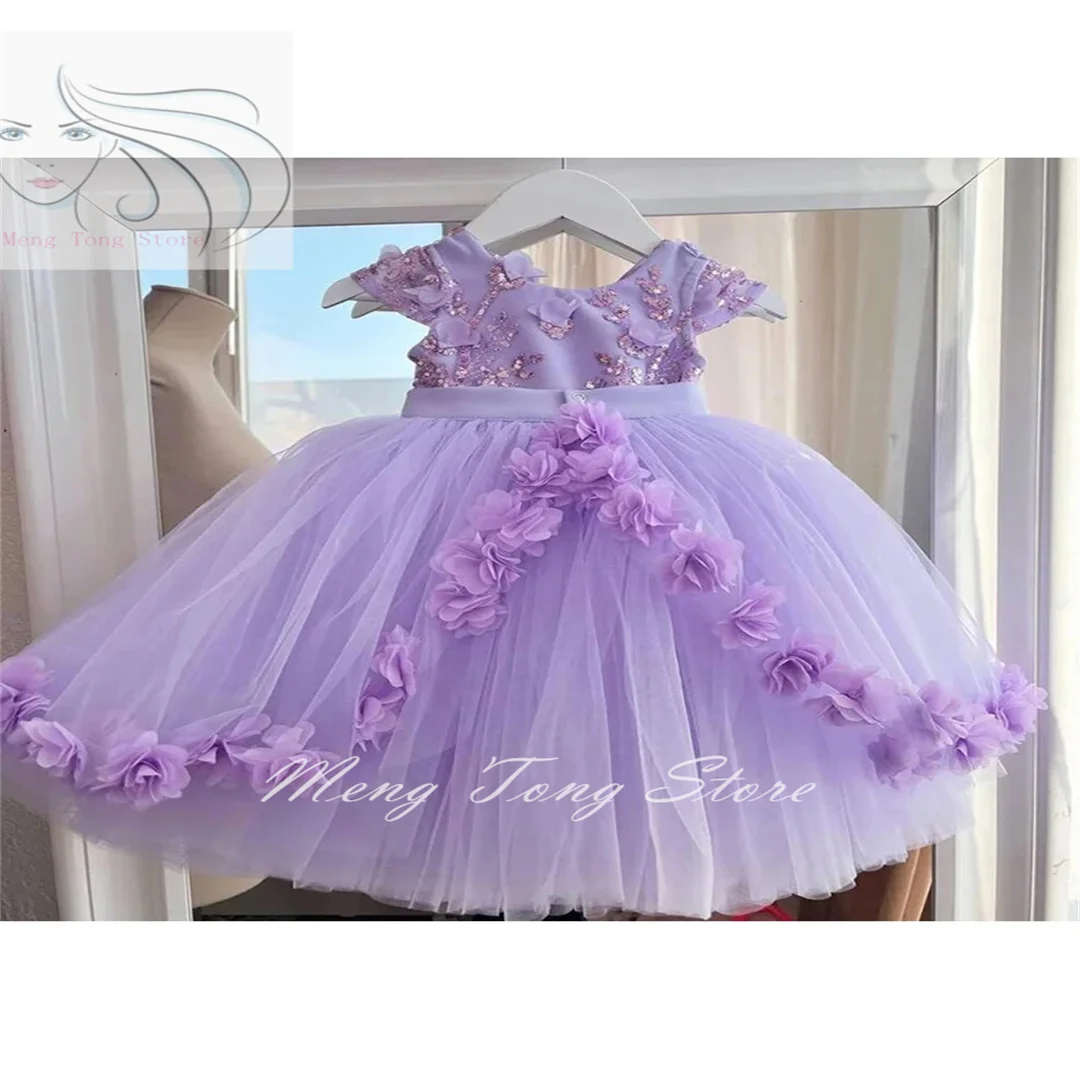 Flower Girl Dress For Wedding Puffy Applique Light Purple Tulle With Bow Cute Kids Birthday Ball Gown First Communion Dress