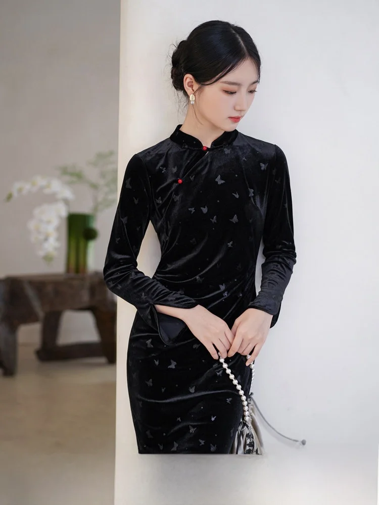 

Новое осеннее женское китайское длинное платье-ципао из смесового шелка и бархата с низким разрезом