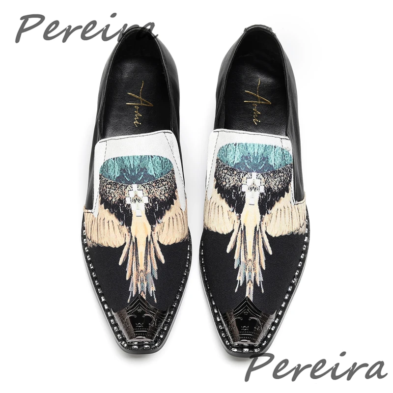 

Fashion Print High Heel Men's Shoes Iron Pointy Toe Slip-On Loafers Trendy Genuine Leather Party Wedding Dress Shoes Size 47