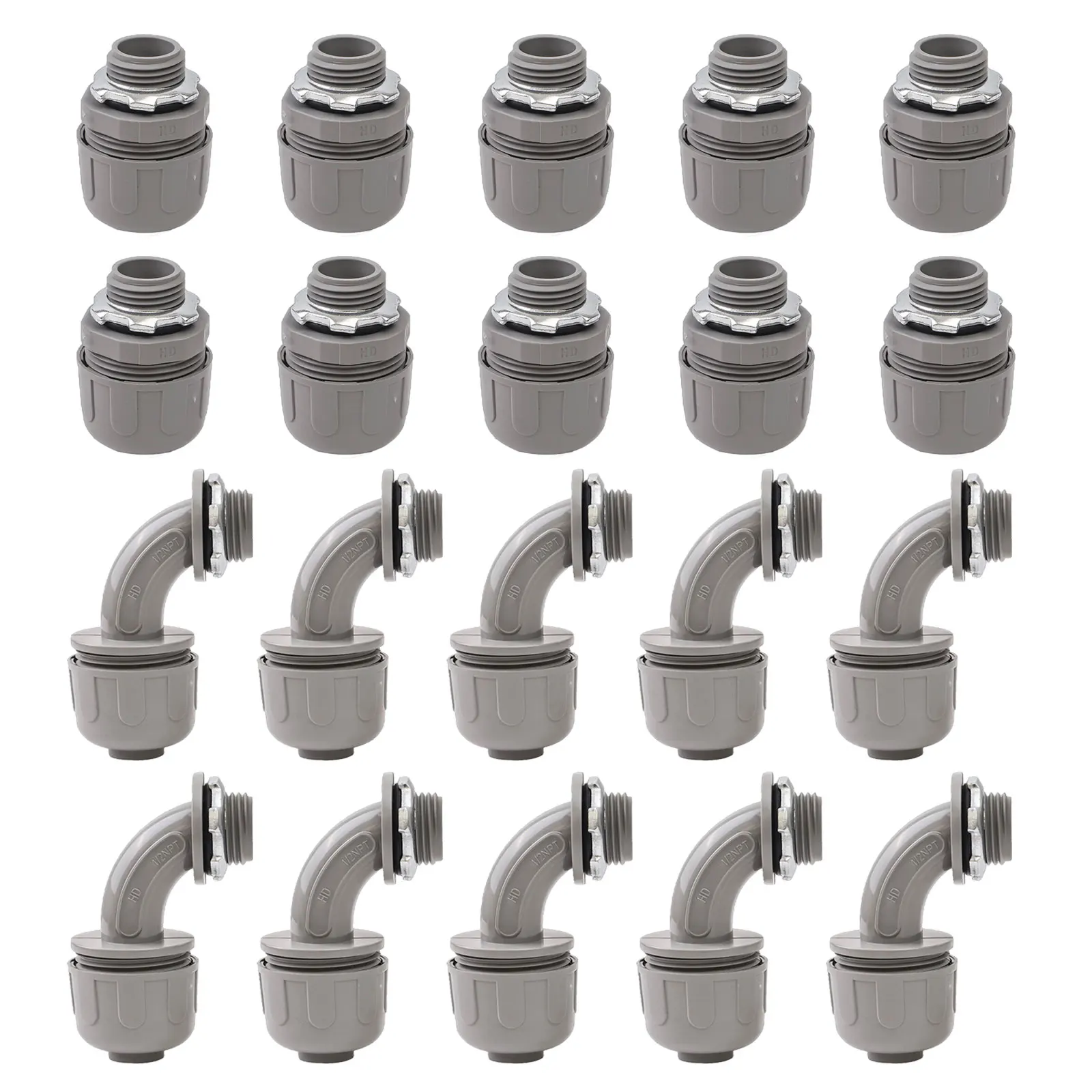 Sustainable PVC Conduit Connectors Package Water Resistant Includes a Mix of Straight & Elbow Fittings for Flexibility
