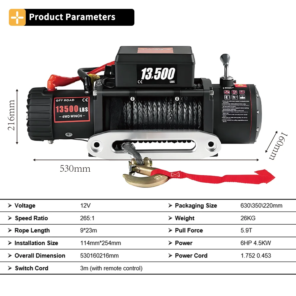 13500LBS - Truck Winch12v - Winch ATV Synthetic Rope with 2 Remote Controls for 4X4 Car Trailer ATV Truck