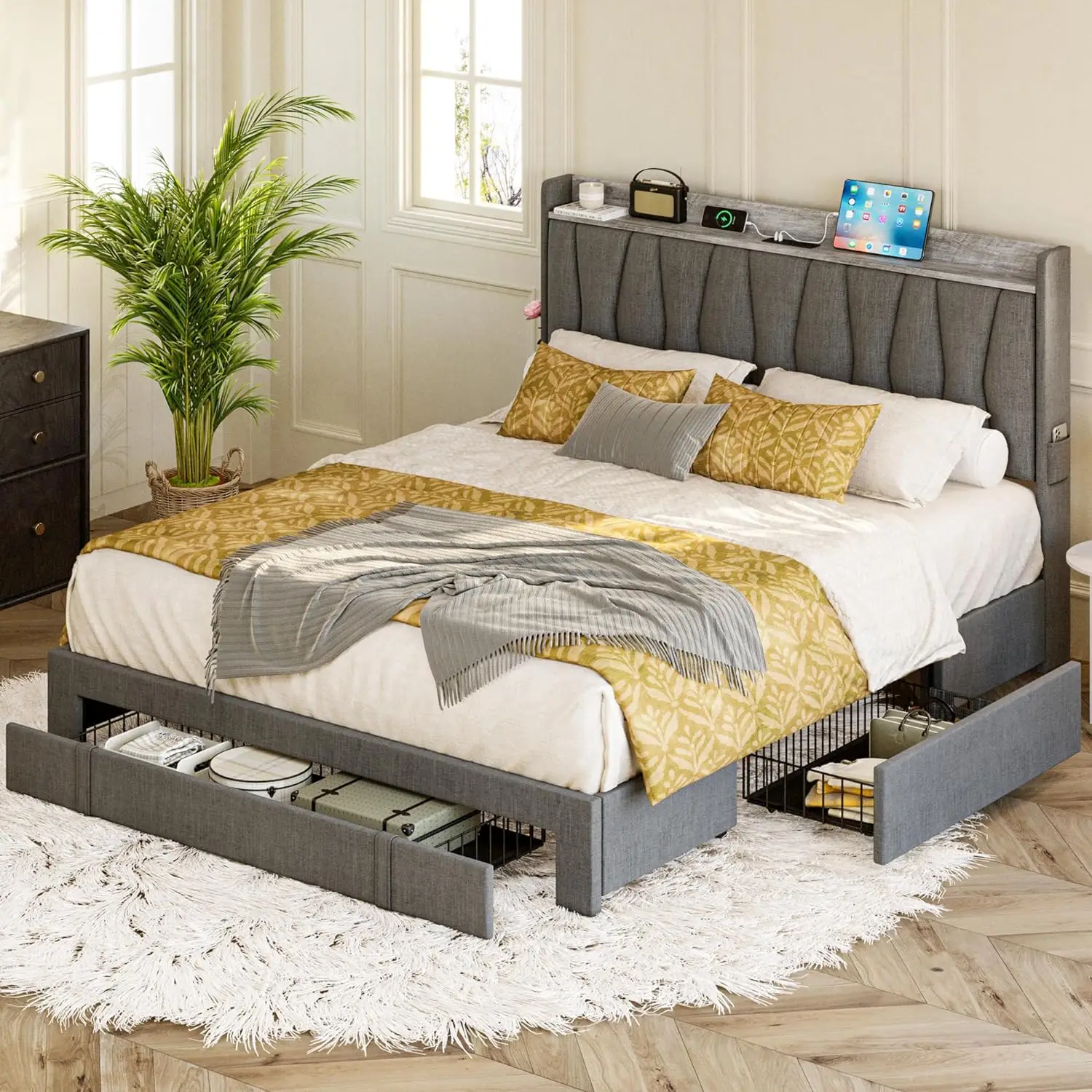 

Queen Size Bed Frame with Storage Headboard and Charging Station, Upholstered Platform Bed