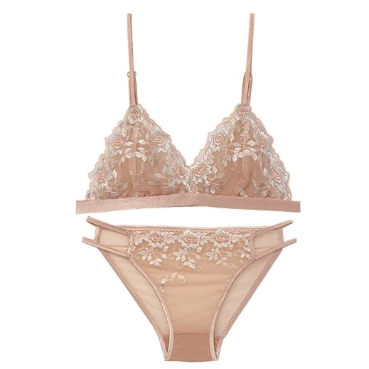 

French Sexy Embroidery Mesh Lace Satin Triangle Cup Bralette Wireless Bra Breathable Underwear Set Pink For Girls Intimate Suits