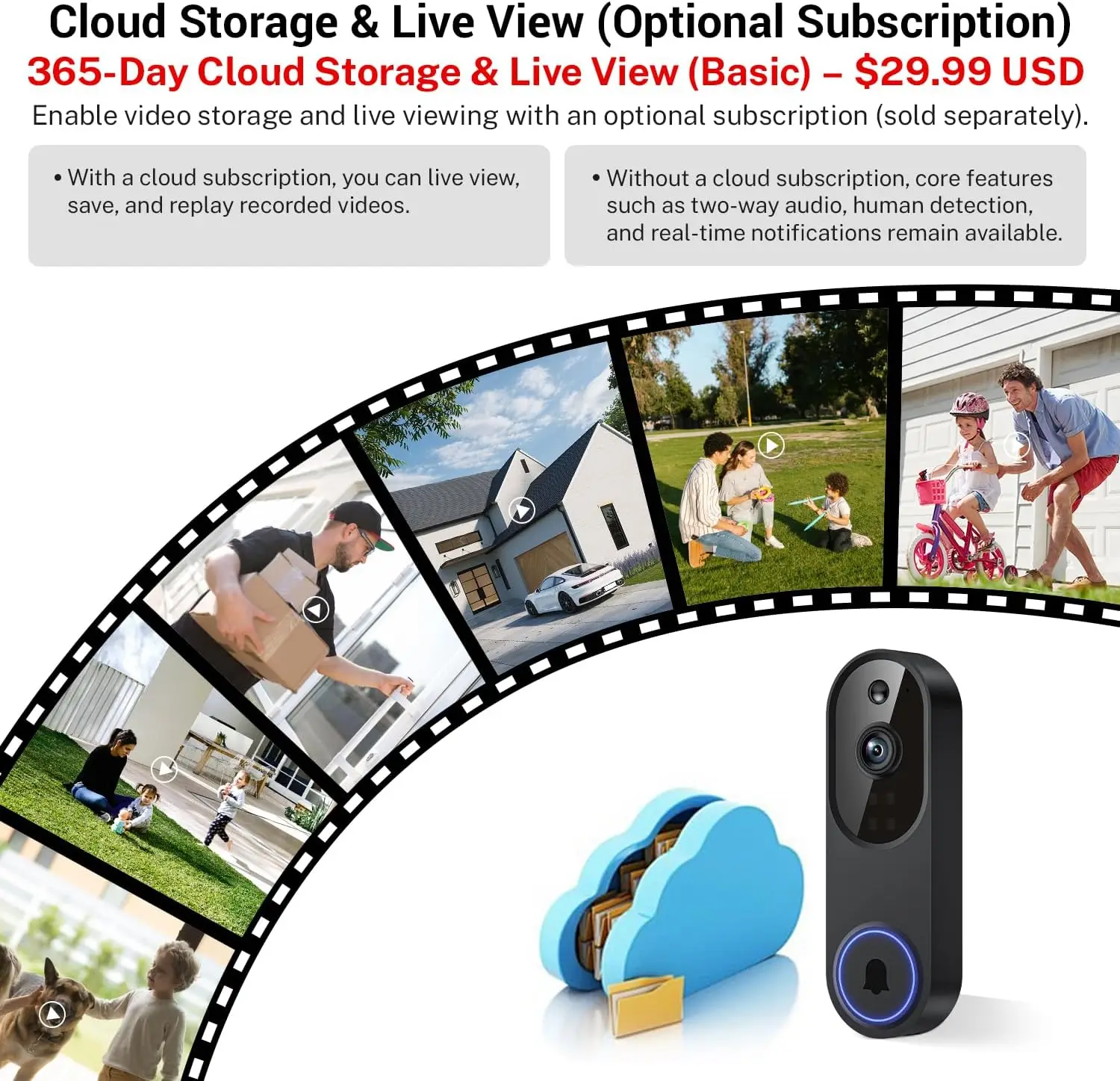 Wireless Wi-Fi Video Doorbell Camera with Two-Way Audio, AI Motion Detection, Night Vision, Cloud Storage, 2.4G Wi-Fi (Black) view 5