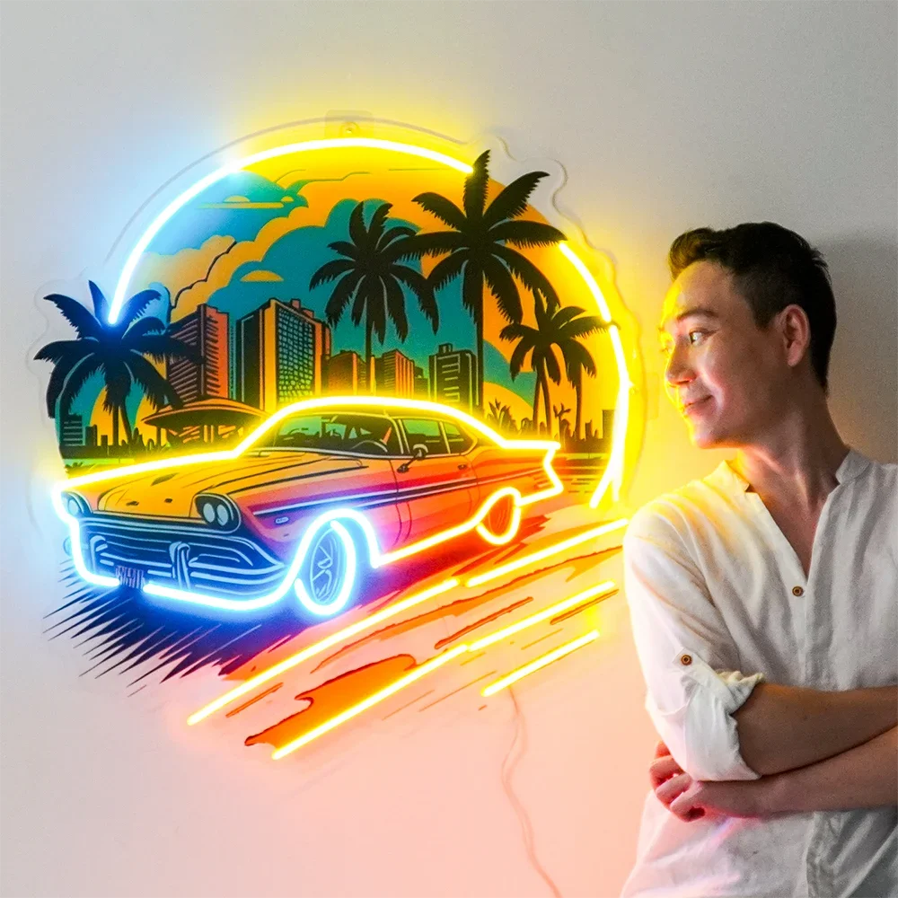 Car The Sunset Neon Sign Light, obra de arte acrílica, decoración de pared para dormitorio, sala de estar, luces nocturnas, tienda personalizada hecha a mano, Bar