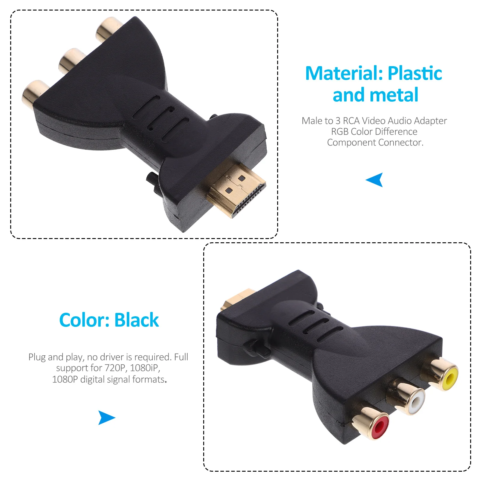 К адаптеру для Rca Video Audio Adapter Rgb Компонентный преобразователь 720P 1080Ip 1080P Поддержка Hdtv Dvd-проектор Черный