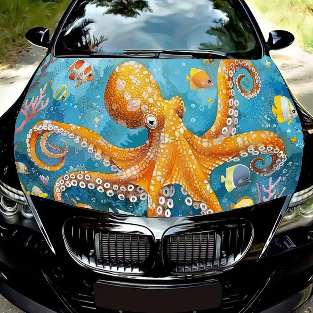 

Orange Yellow Octopus and Ocean World Car Hood Vinyl Wraps Decal, Auto Exterior Protective Sticker, Waterproof Self-adhesive Car