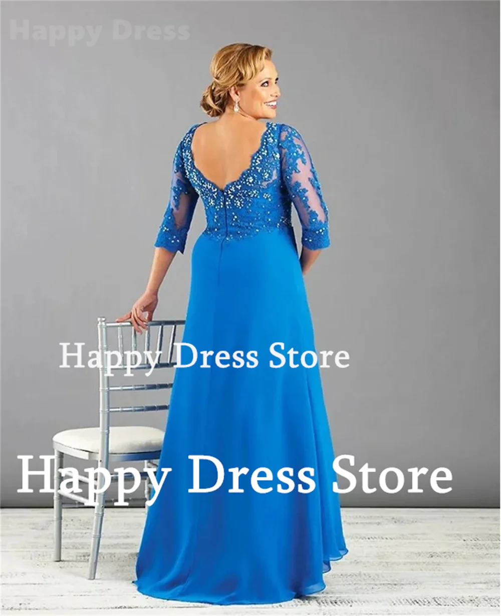 New Blue Mother Dress Lace Appliques V-Neck 3/4 Sleeves Prom Dress A-Line Chiffon Formal Evening Dress Wedding Party Dress