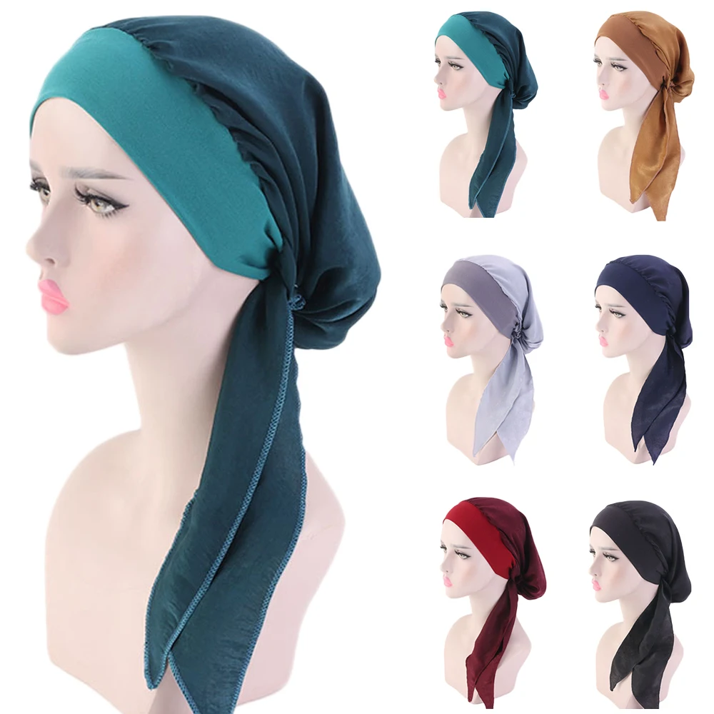 

Women Muslim Pre-tied Hijab Hat Turban Bonnet Long Tail Floral Print Head Cover Wrap Caps Cancer Chemo Islamic Arab Headwear Cap