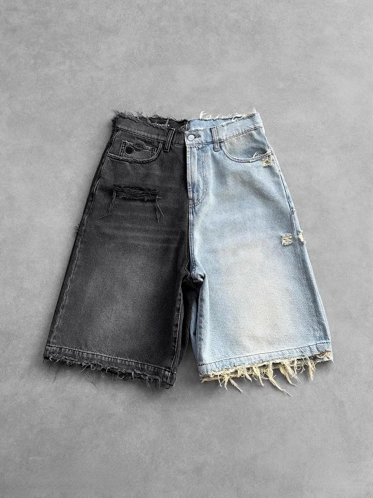 

Gothic Sle Men's Bla Punk Waed Denim orts Summer Streetwear Hip Hop Hole Y2K orts Straight Leg Casual Pants