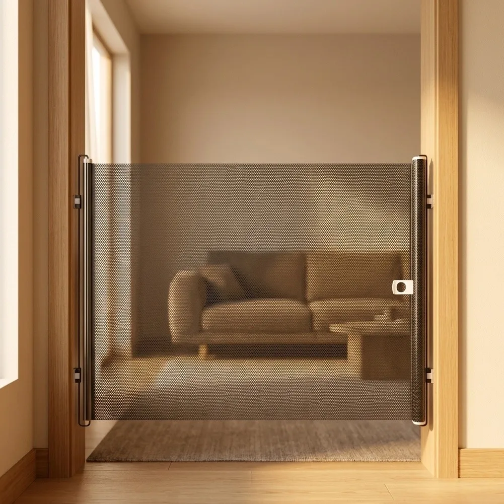 As Shown Retractable Pet Gate PVC And Metal Rod Metal Rod Reinforcement Indoor Outdoor Use Space-saving Design For Home Use