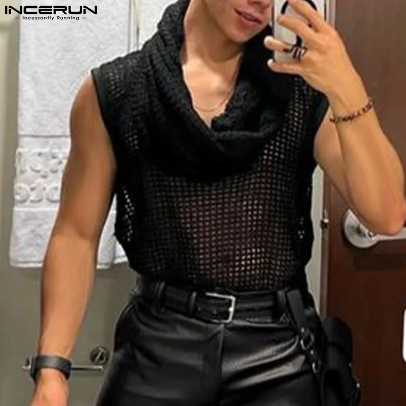 2024 Men\'s Tank Tops Mesh Hollow Out Turtleneck Sleeveless Male Vests Streetwear Transparent Fashion Men Clothing INCERUN S-5XL