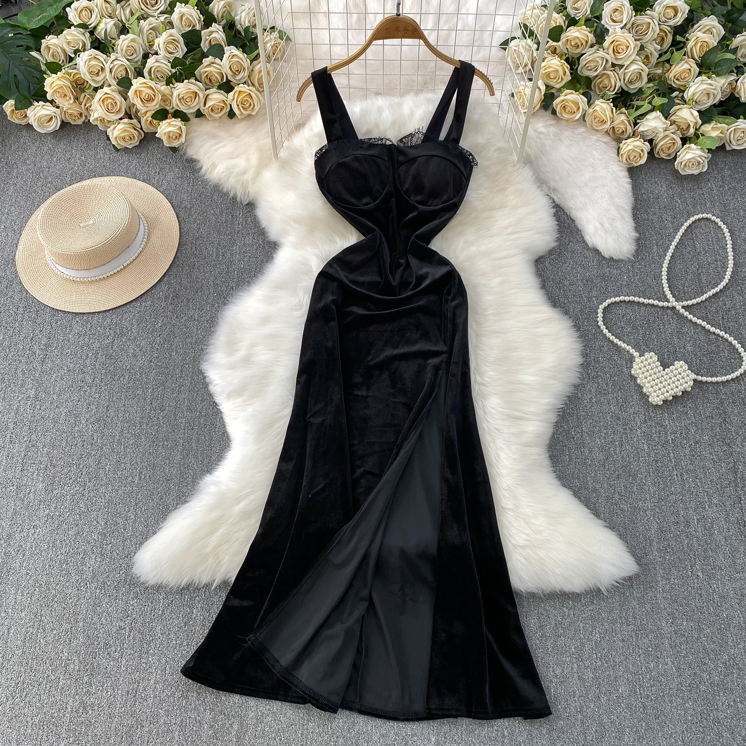 فستان أنيق مثير من الدانتيل القطيفة بدون أكمام فساتين حفلات النادي فستان صيفي للسيدات