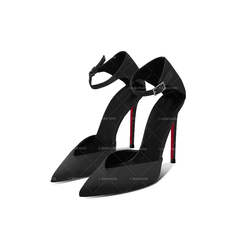

2025 New 12cm Pointed Black Satin Versatile Professional High Heels for Women, Straight Belt, Hollow, Sexy Large Single Shoe