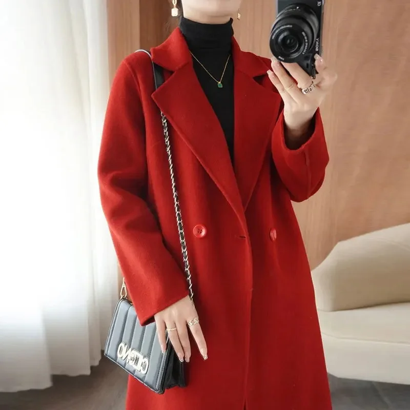 2025 Women Lapel Woolen Long Coat Fashion Long Sleeve Double Button Jacket Autumn Winter Office Lady Elegant Warm Wool Overcoat