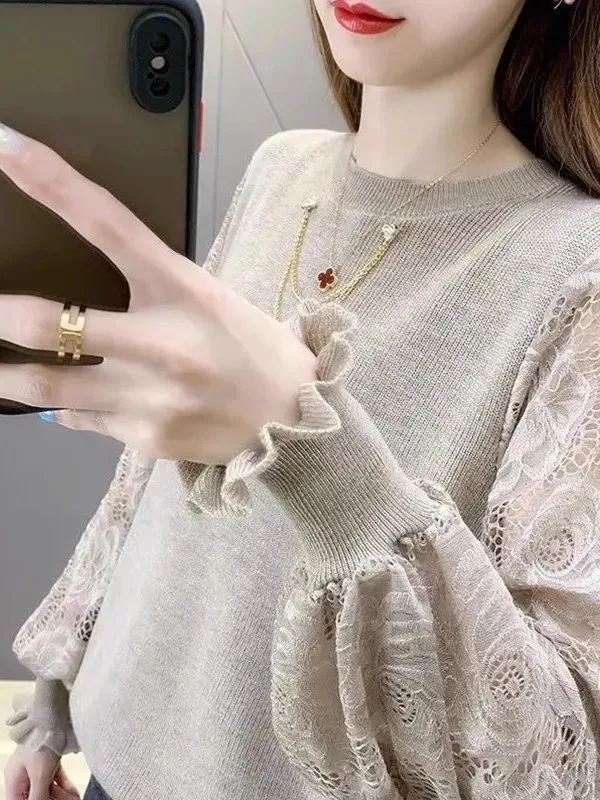 Spring Autumn Women's Knitwear Base Shirt Inner Wear Loose Hollow Splicing Overhead Korean Style Versatile Hollow out Patchwo...