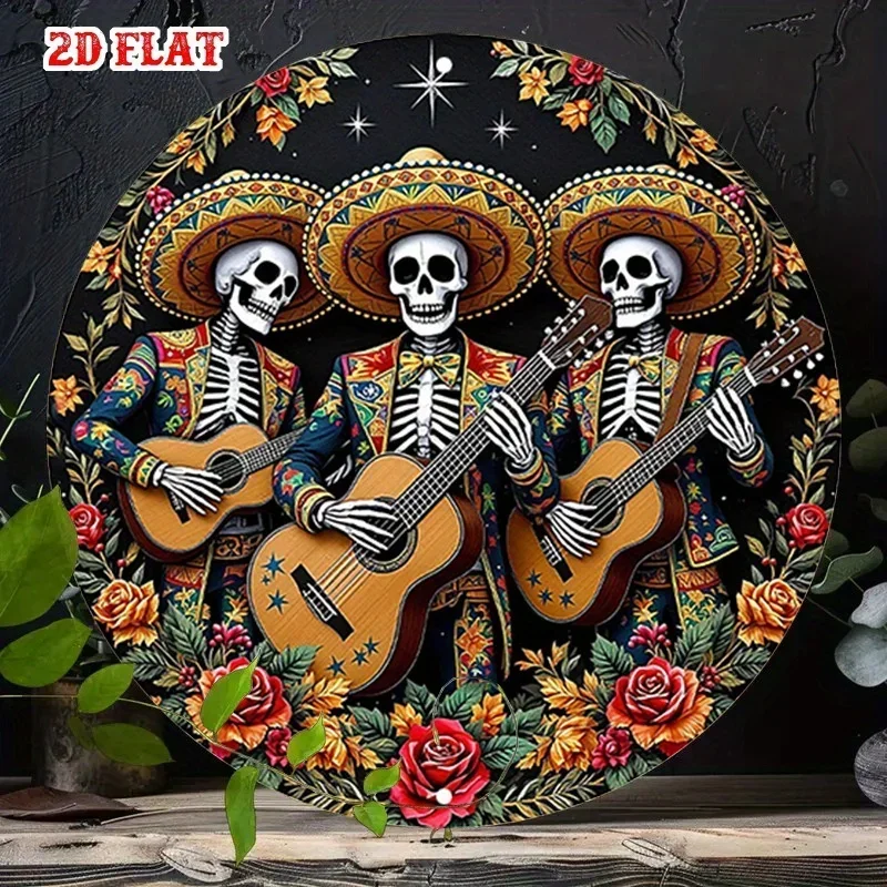CIFBUY 2D Flat Guitar Skeleton Mexican Carnival Waterproof Durable Aluminum Wall Art Home Garage Cafe Restaurant Decor