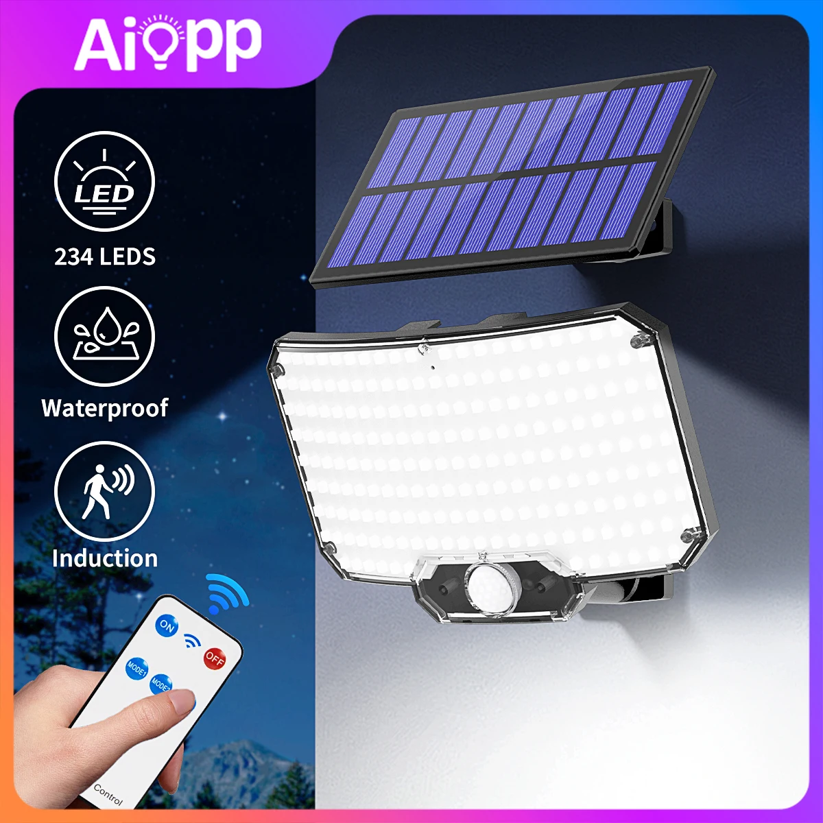 234 LED Solar-Wandleuchte mit Bewegungssensor und Fernbedienung, geteiltes Design, wasserdicht, Dämmerungssensor, Sicherheitsflutlicht für Veranda und Terrasse