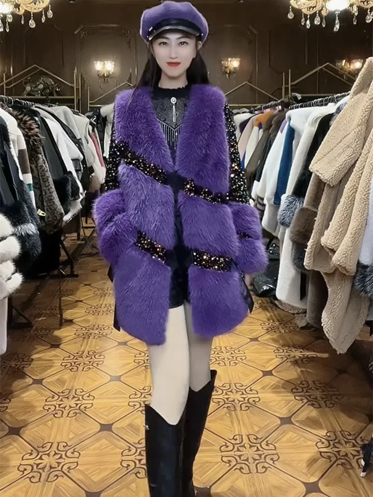 

Женское зимнее новое модное свободное пальто с блестками в тон, из искусственного меха, высококачественное модное теплое пальто