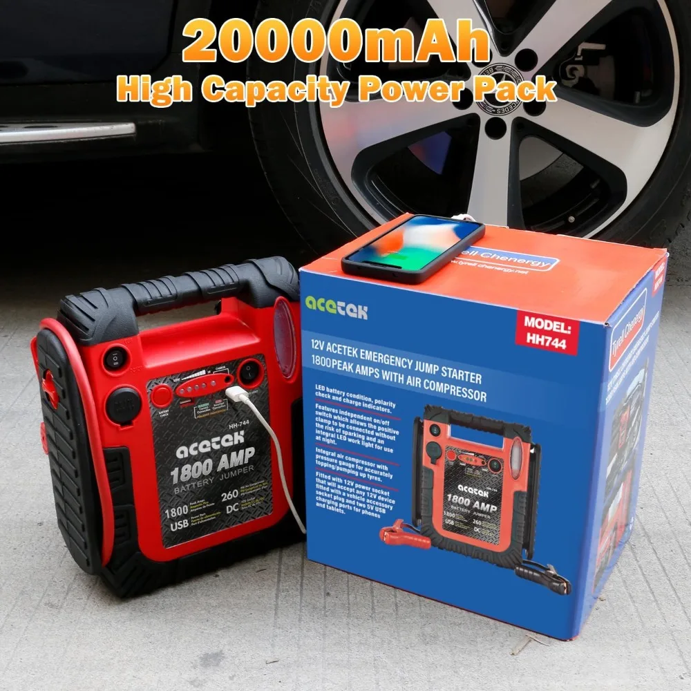 1800 Amp Jump Starter with Air Compressor, acetek Car Battery Jump Starter 260 PSI Tire Inflator, 20000mAh 12V Auto Lead-Acid Ba