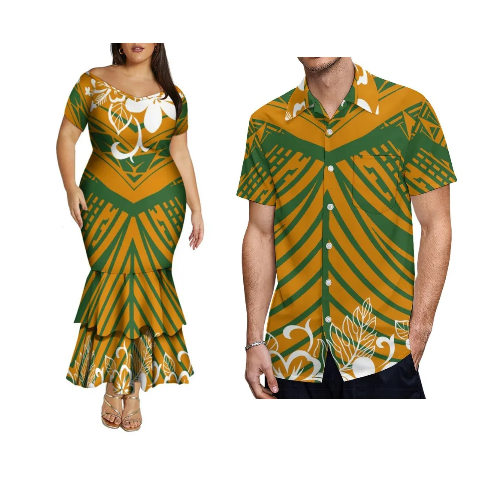 Alta qualidade verão polinésia elegante feito sob encomenda com decote em v fora do ombro dupla camada saia rabo de peixe feminino roupas de casal