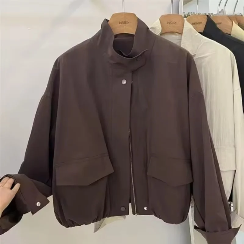 Korean Short Stand-up Collar Jacket Women's Loose Windbreaker Spring Autumn Casual  Tooling Jacket  Female Basic Coat