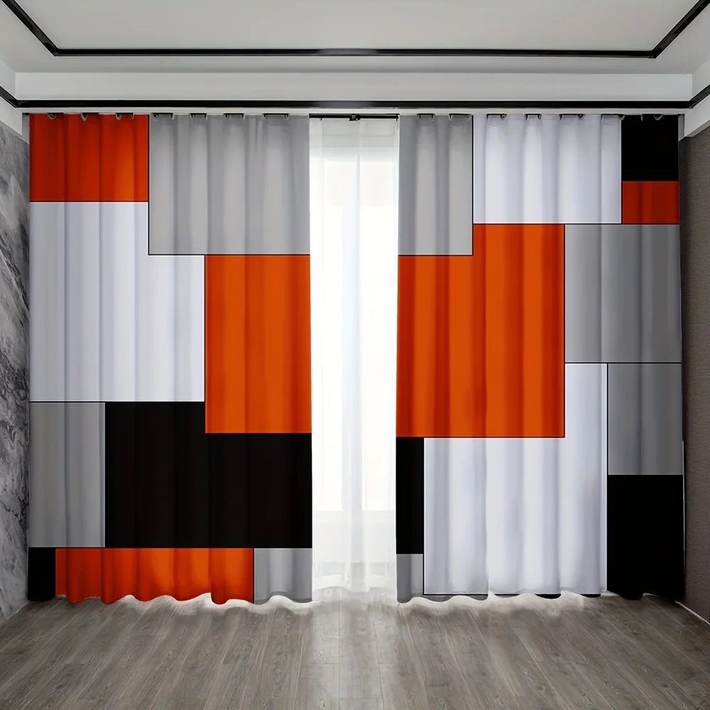 

Abstract Geometric Orange Black Plaid Pattern Window Curtains Blinds For Kids Bedroom Living Room Bathroom Kicthen Door Home