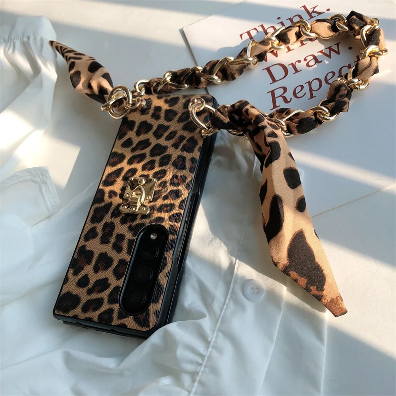 Woman Sexy Leopard Print PU Leather Phone Case For Samsung Galaxy Z Fold 6 5 4 3 Lock Cover With Portable Chain Of Silk Scarves