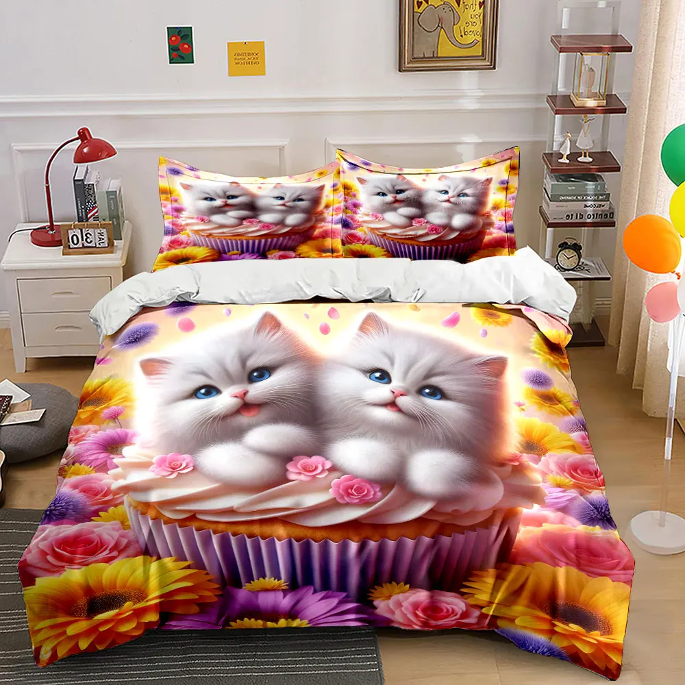 

Cute kittens with floral cupcake Print Soft Comfortable Duvet Cover Bedding Set Included 1*Duvet Cover 2*Pillowcases
