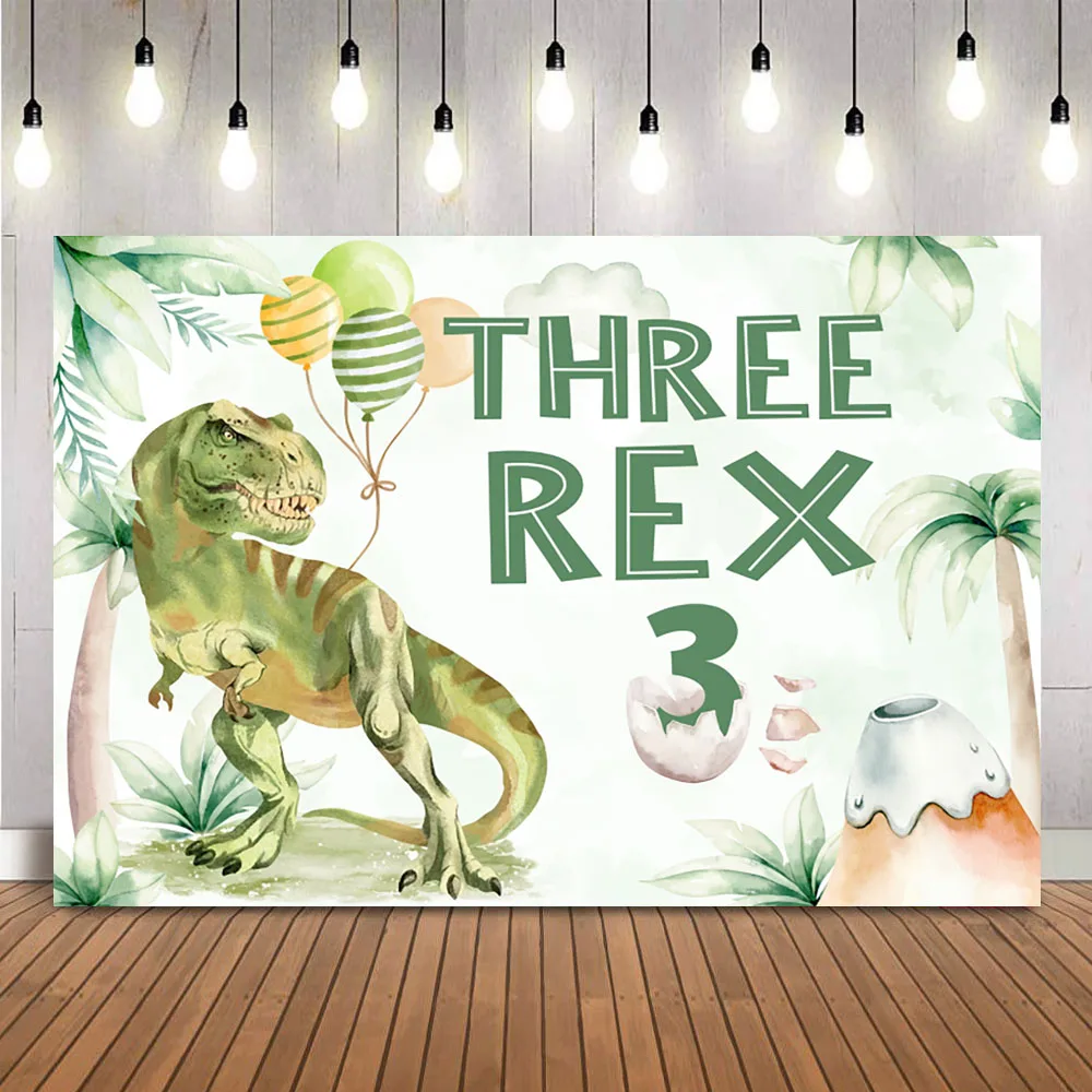 Three Rex Background Boy Dinosaur Birthday Party Backdrop Greenery Safari Jungle 3rd Birthday Newborn Kids Theme Party Decor