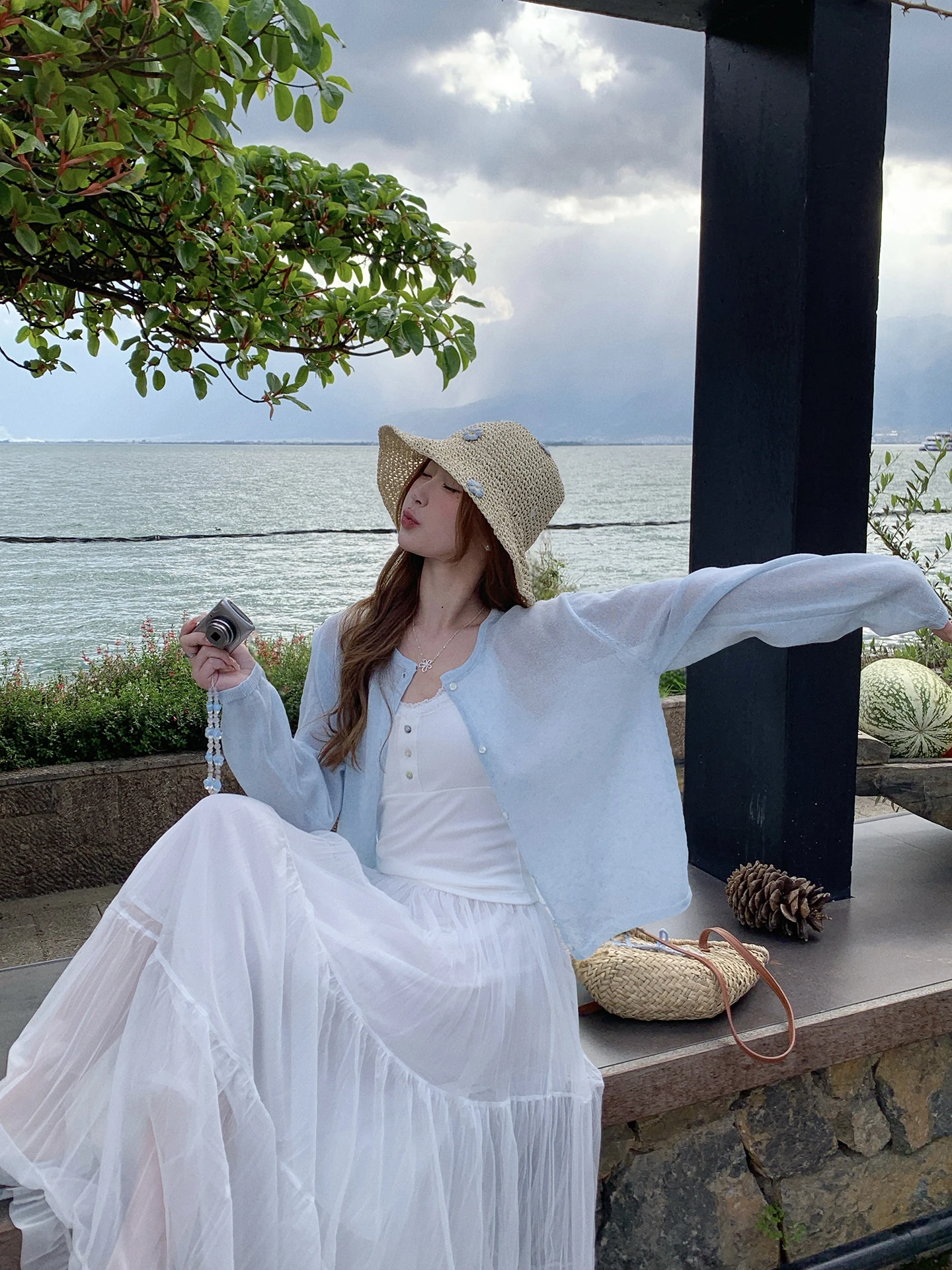 

Blue Lightweight Long Sleeve Women's Open Cardigan Summer Outerwear UV Protection Soft Polyester Blend Knitted Top