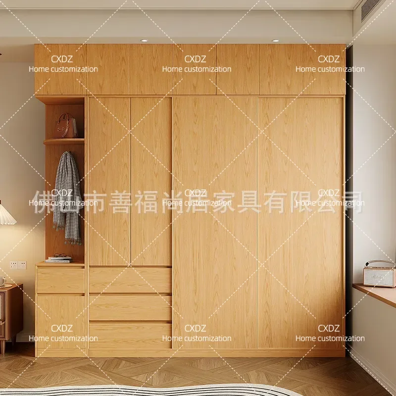 Oak Sliding Door Wardrobe Simple Style Bedroom Storage Cabinet With Drawers Log Color Finished Product Combination Closet