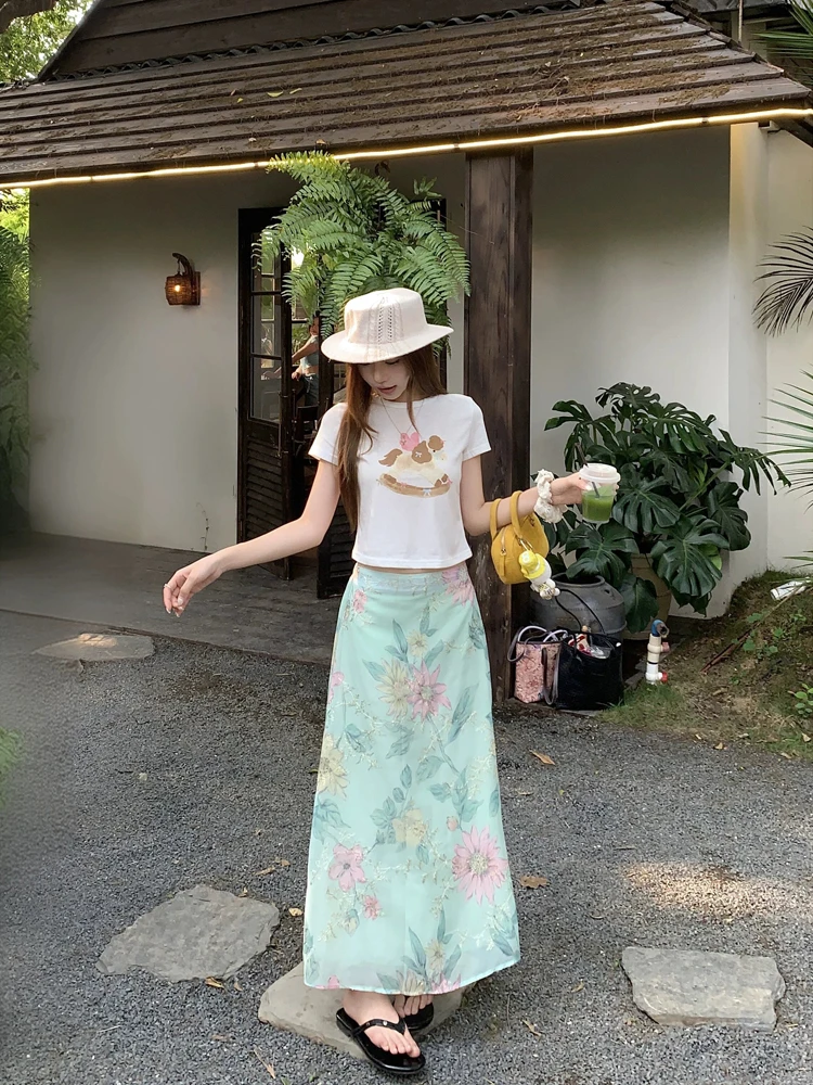 

Korean Style round Neck T-Shirt High Waist Skirt Set Summer New Cartoon Print Holiday Vibes Women Fashion Casual Wear