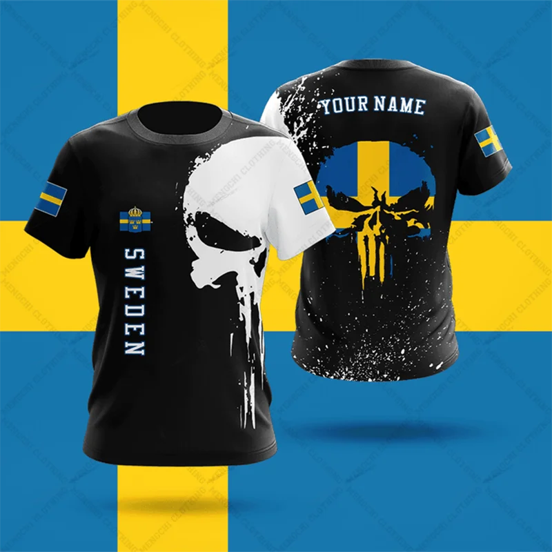 Custom Name Summer Casual Sweden Flag Skull Graphic T-shirts Loose Oversized Men's Fashion Jersey Crewneck Short Sleeve Tops