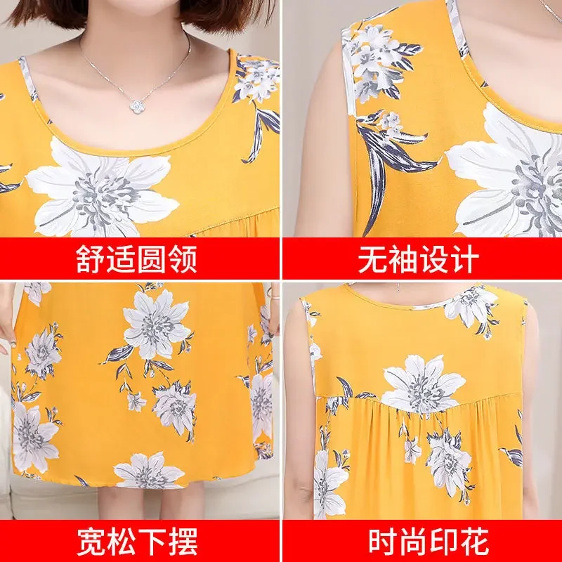 Women's Female Summer Nightdres Sleeveless Cotton Floral Evening Dress/Home Wear/Plus-size 2XL-4XL Floral Fabric Loose Pajamas
