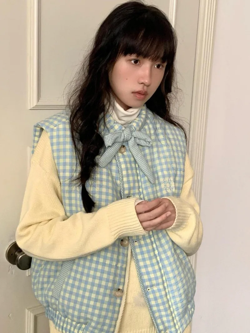 Korean Winter Plaid Design Sleeveless Vest Streetwear Harajuku Japan Office Lady Punk Parkas Y2k Button Subcultural Girl Clothes