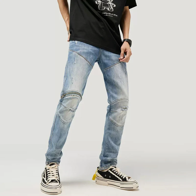 Streetwear Fashion Men Jeans Retro Light Blue Elastic Slim Fit Hole Ripped Jeans Men Spliced Designer Hip Hop Biker Pants Hombre