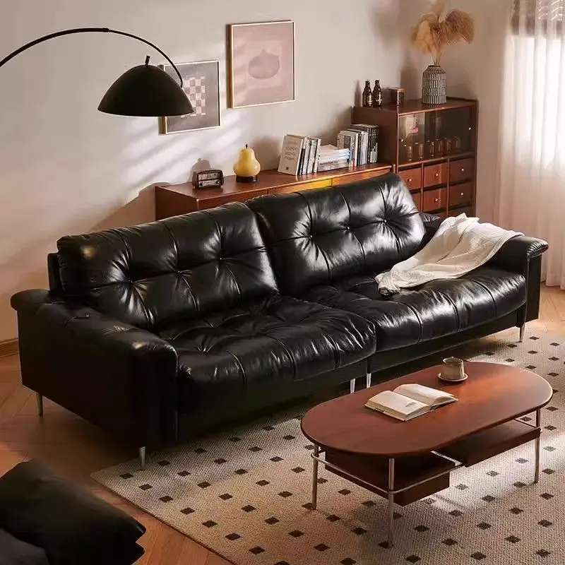 

Italian light luxury top grain leather sofa - modern minimalist black sectional for living room