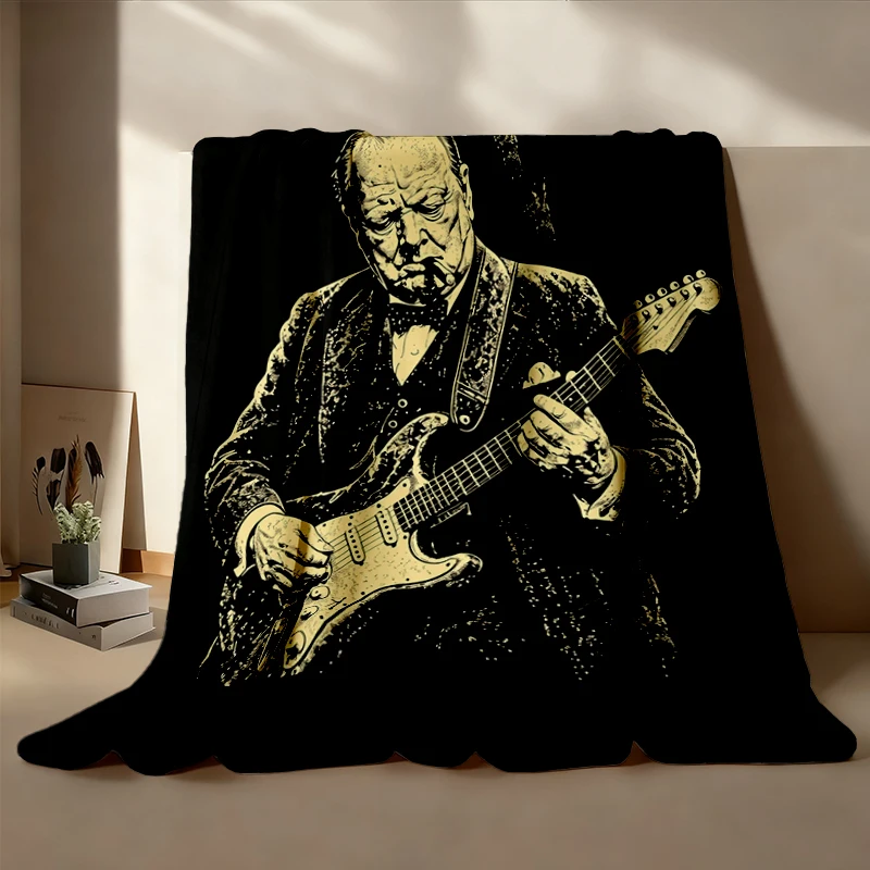 Winston Churchill Playing Guitar Flannel Throw, Retro Humor Cozy Blanket