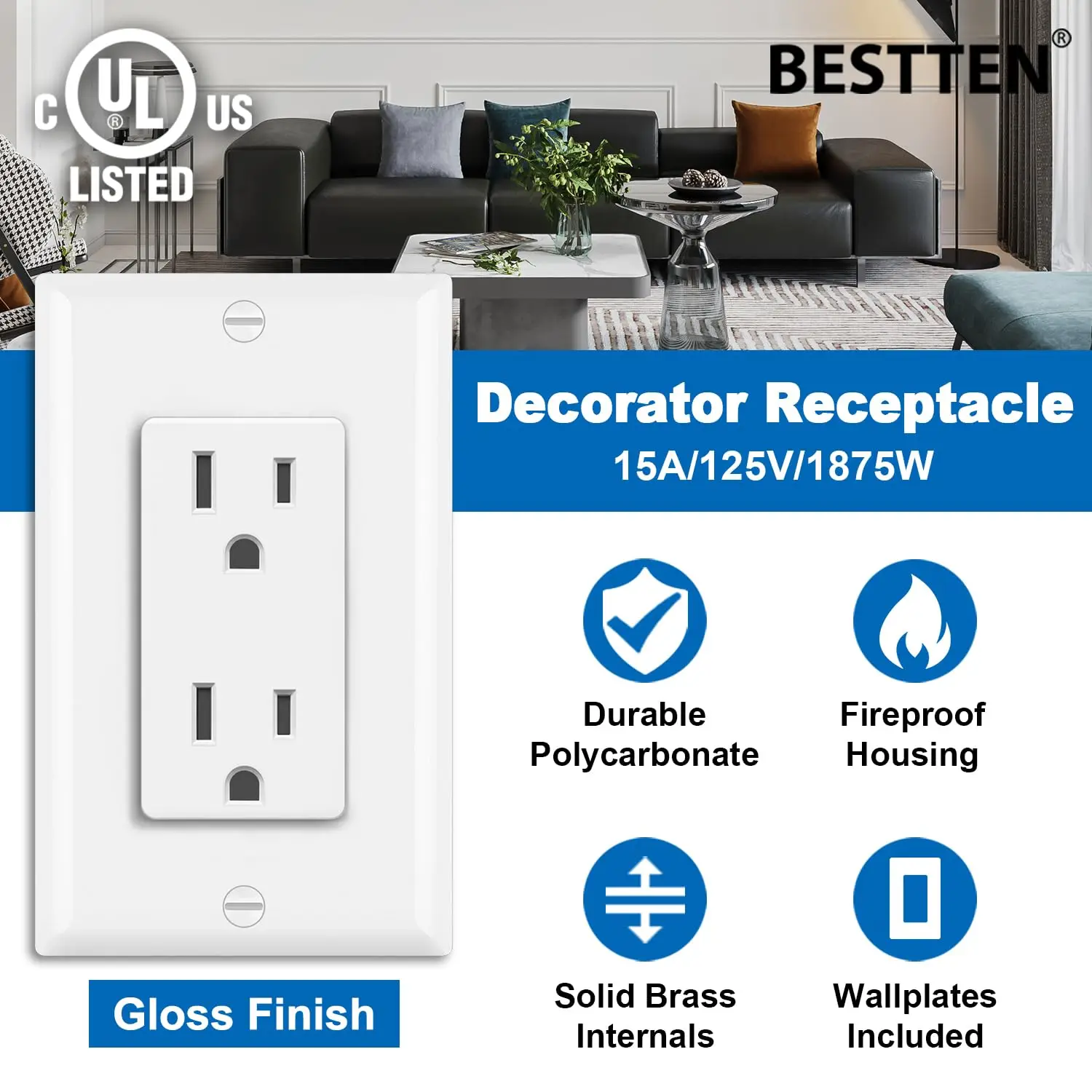 Decorator Receptacle Outlet, 15 Amp Electrical Wall Outlet, Non-Tamper Resistant, Decor Wallplate Included, 15A/125V/1875W