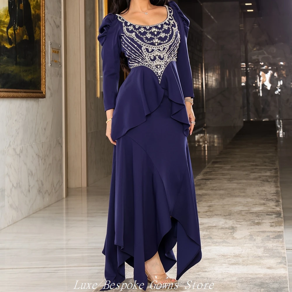 

Women's A-line Evening Dresses Floor-length Scoop-neck Full Sleeve Prom Dresses Fashion Crystal Simple Draped Customized Gowns
