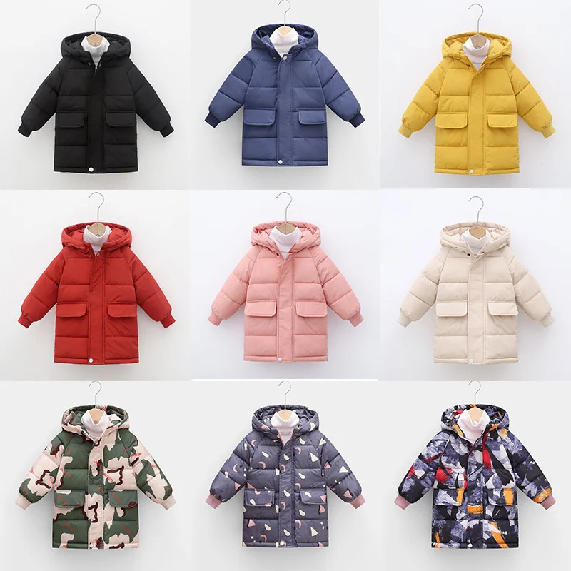 2023 New Fashion Kids Hooded Warm Coats Autumn Winter Thicken Down Jackets Boys Girls Windproof Zip Long Parkas Children Clothes