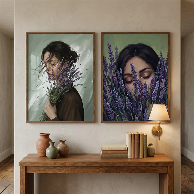 Floral Woman Wall Art Poster Lavender Orange Flower Canvas Painting Print Feminine Botanical Portrait Picture Modern Home Decor