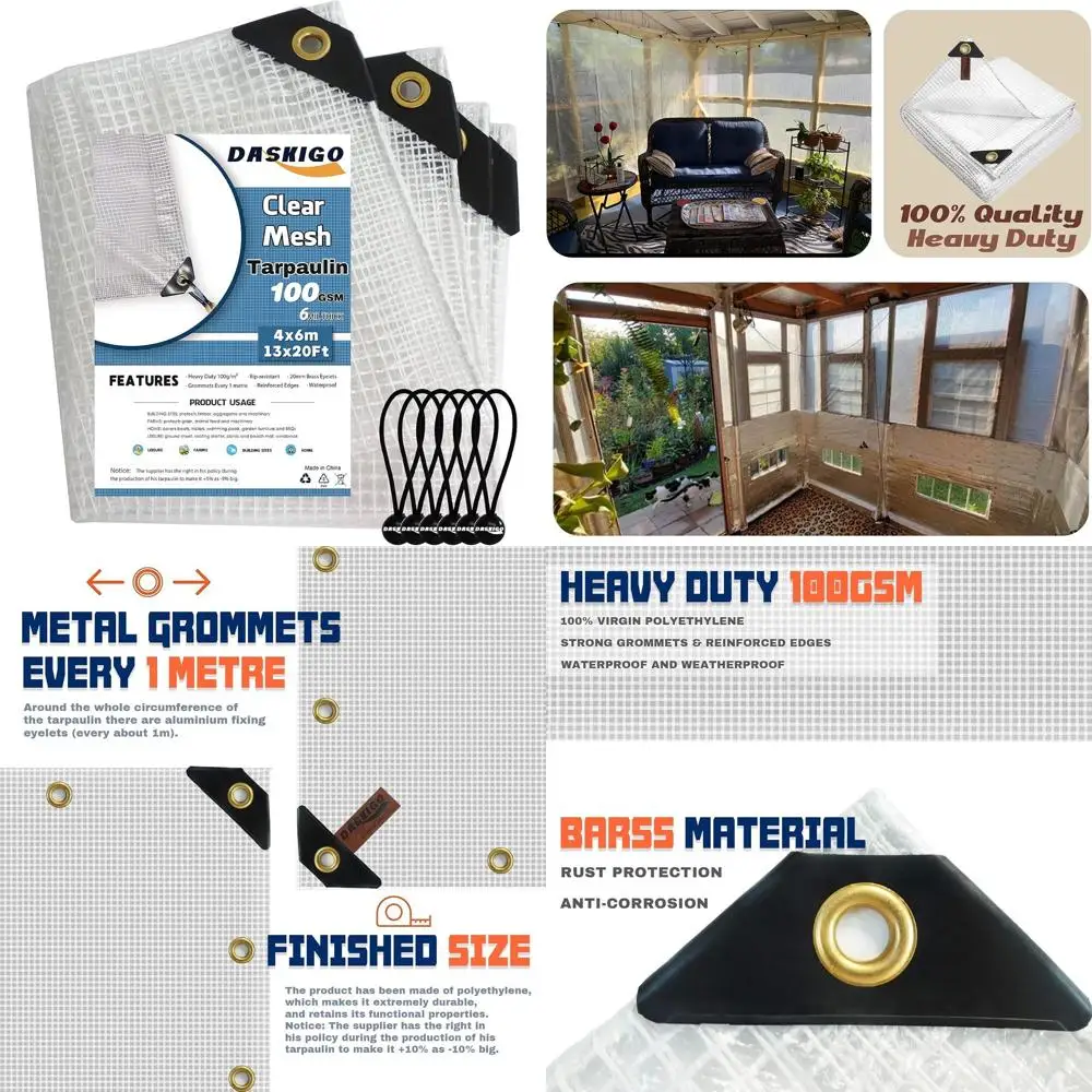 Heavy Duty Waterproof Tarps with Reinforced Mesh, 13x20 Ft Clear Cover Sheets & 6 Bungee Balls