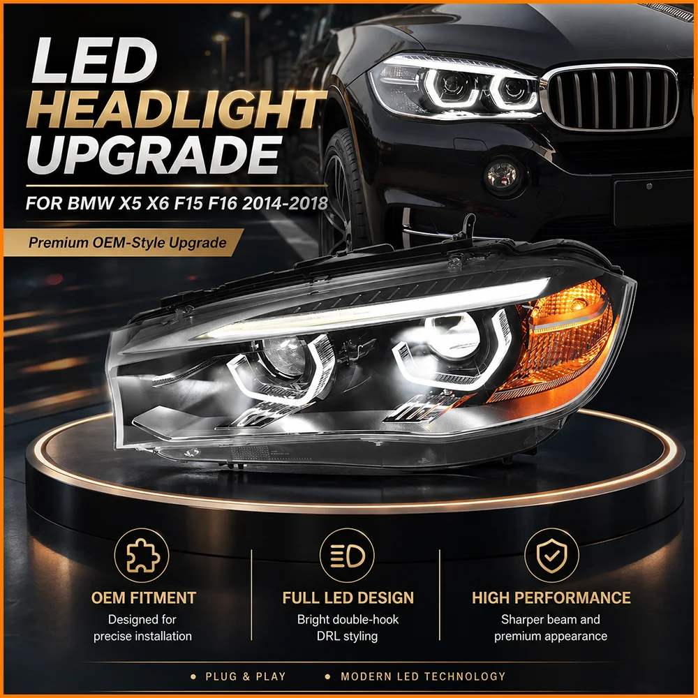 For BMW X5 X6 F15 F16 2014-2018 Facelift Upgrade to 2023 M3 Style Hexagonal DRL Bi-LED Projector Lens LED Headlight Assembly