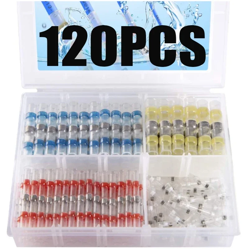120pcs Solder Seal Wire Connectors Heat Shrink Insulated Electrical Wire Terminals Butt Splice CableCrimp Waterproof Automobile
