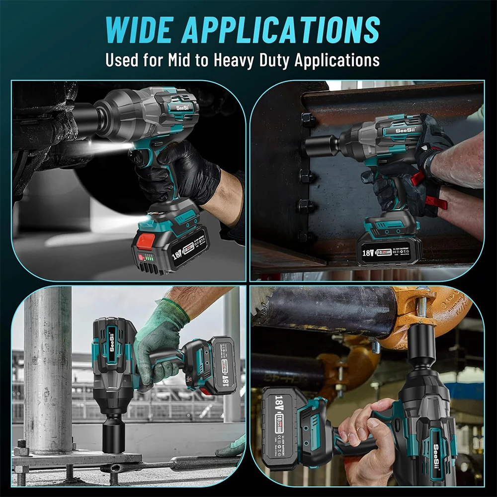 Seesii 1600NM Ударный гайковерт с высоким крутящим моментом 3/4 "Бесщеточный аккумуляторный ударный пистолет Электрический гаечный ключ с адаптером 1/2 дюйма для батареи Makita 18 В