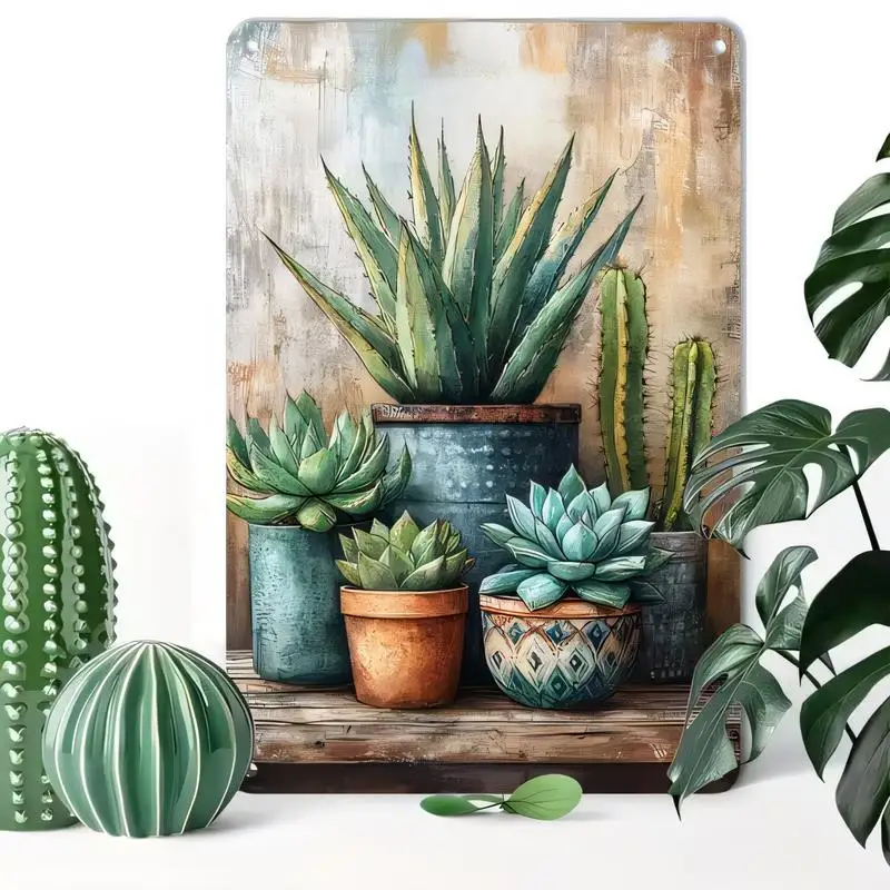 Retro Potted Succulents & Cacti Metal Tin Sign - 2D Flat Boho Wall Art, Vintage Pots Design, Iron Material, Perfect for Home/Far