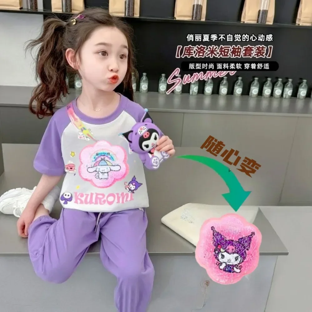 

Sweet Kuromi Cinnamoroll Kawaii Anime Sanrio Short Sleeve Shirt Pant Cute Children Top Female Casual Clothes Two-piece Set Gifts